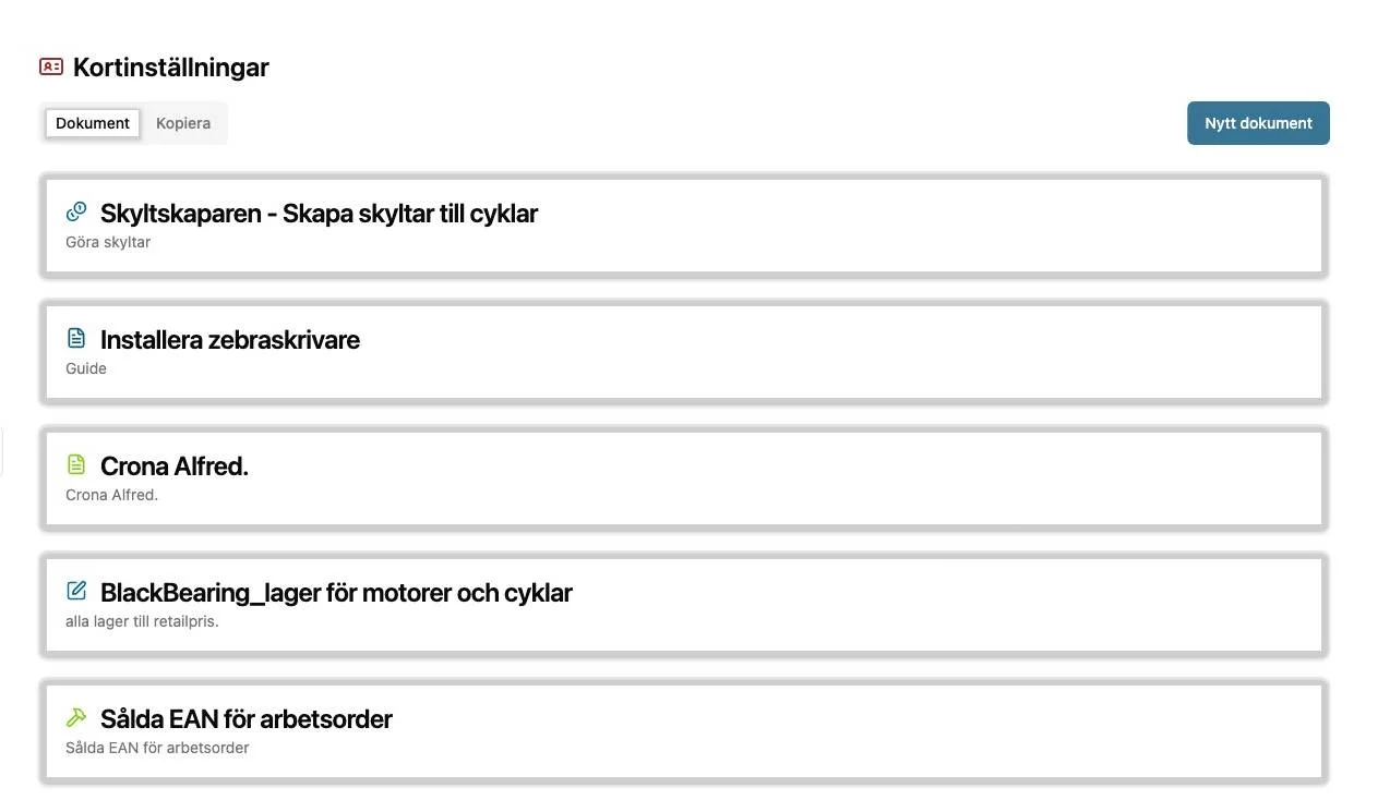 Kortinställningar med listan över dokumentkort