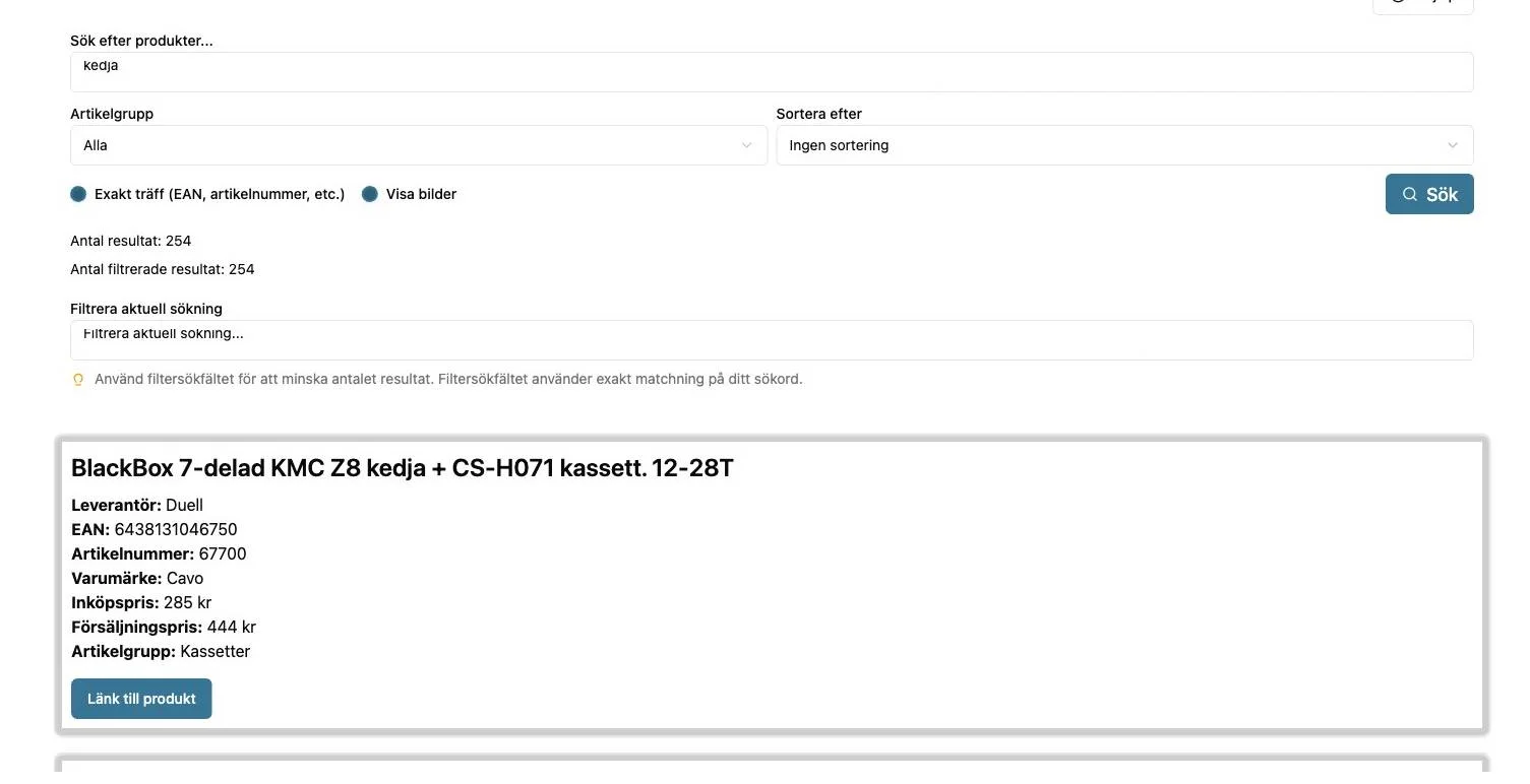 Sidan Produktsök med resultat för en sökning på kedja